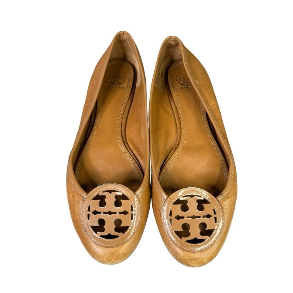 Tory Burch Tan Leather Ballet Flats Logo Round Toe Slip On Shoes Size 8.5